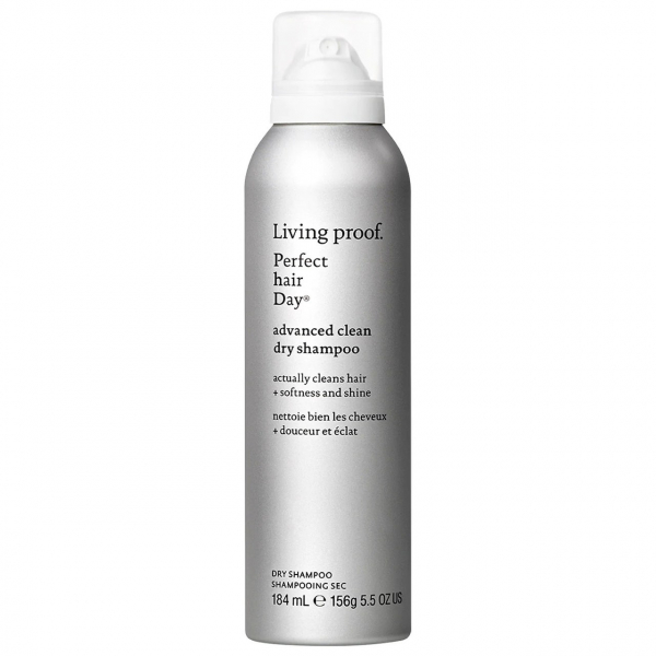 Living Proof Perfect hair Day (PhD) Dry Shampoo gray aerosol can with white cap on white background