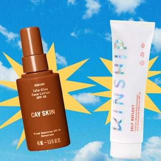 Best Sunscreens for Face: a collage of Cay Skin, Kinship, and Tower 28 sunscreens with yellow "pow" backgrounds on a bright blue, partly-cloudy sky