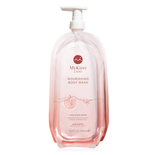 A pink and white bottle of gel body wash on a white background