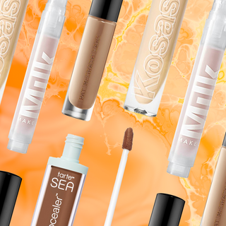 Best concealers for dry skin: a collage of Pat McGrath Labs, Tarte, Milk Makeup, and Kosas concealers on a yellow/orange tie-dye background